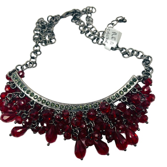 Garnet Colored Faceted Fringe Beaded Hematite Rhinestones Drop Bib Necklace - Picture 6 of 6